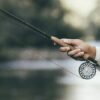 Fly fishing rod in fisherman hand.