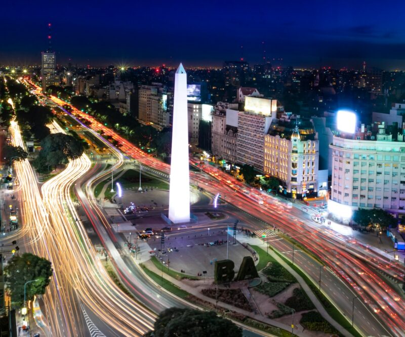 Aerial view of Buenos Aires and 9 de julio avenue at night - Buenos Aires, Argentina