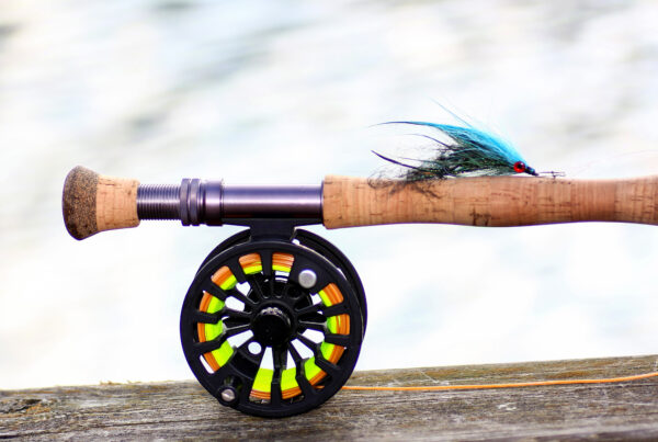 Saltwater fishing fly rod and reel in the blurred background