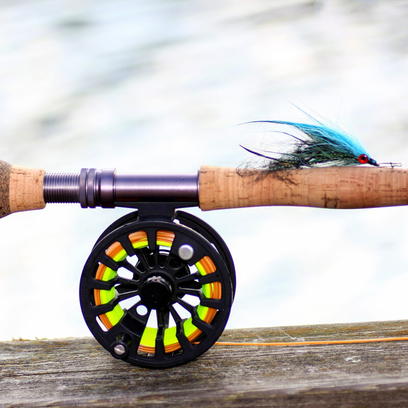 Saltwater fishing fly rod and reel in the blurred background