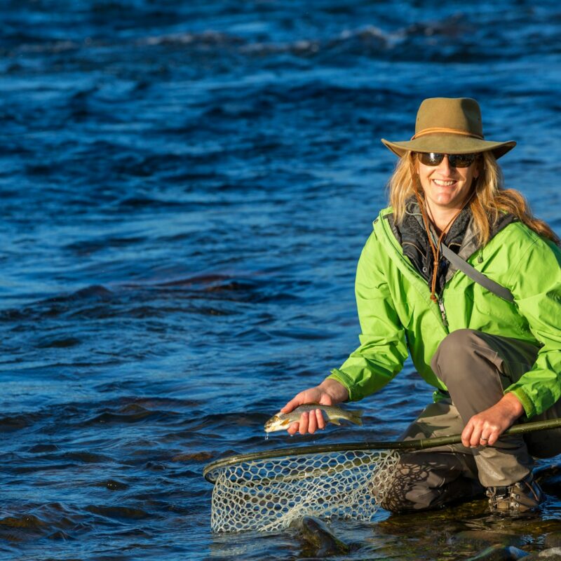Fly fisherwoman landing trout with net on river, British Colombia, Canada.